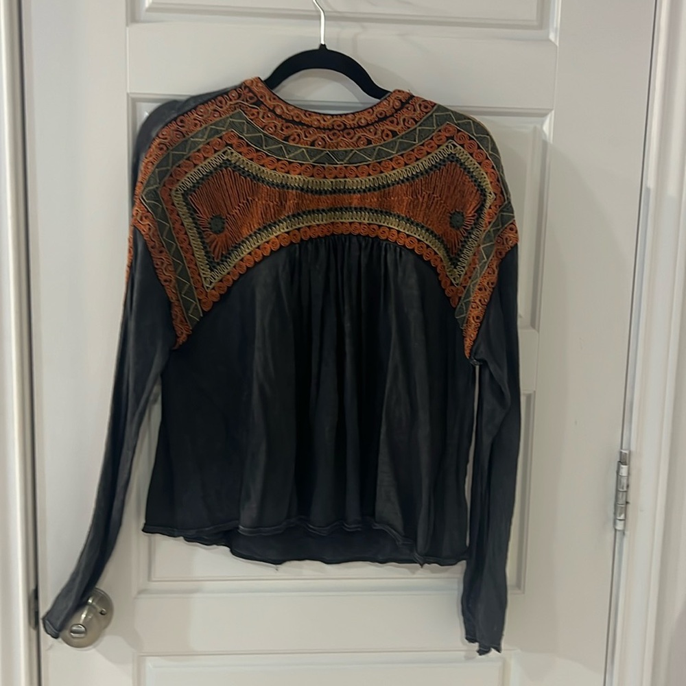 Free People Black Blouse with Embroidery